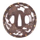 A Bushu School tsuba, 73mm x 67mm, depicting plum blossom and gold foliage around the mimi (rim) £