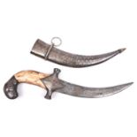 A small Indian dagger, with curved blade 7" of watered steel, silver damascened hilt with bone or