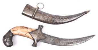 A small Indian dagger, with curved blade 7" of watered steel, silver damascened hilt with bone or
