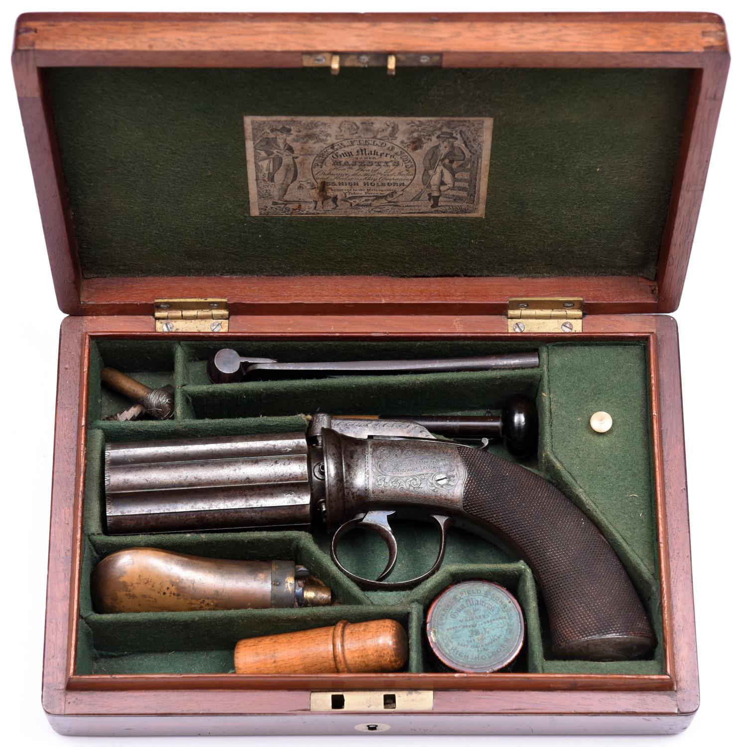 A 6 shot 48 bore self cocking bar hammer percussion pepperbox revolver, by Parker Field & Sons,