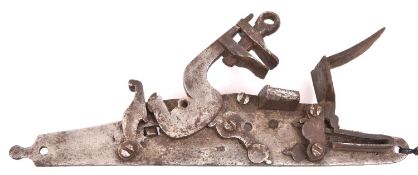 A detached early 17th century "English" flintlock lock, plate 8¼" with small maker's mark "HB", with