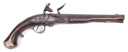 A rare silver mounted 32 bore Ferguson breech loading flintlock holster pistol, by Jover, c 1775,