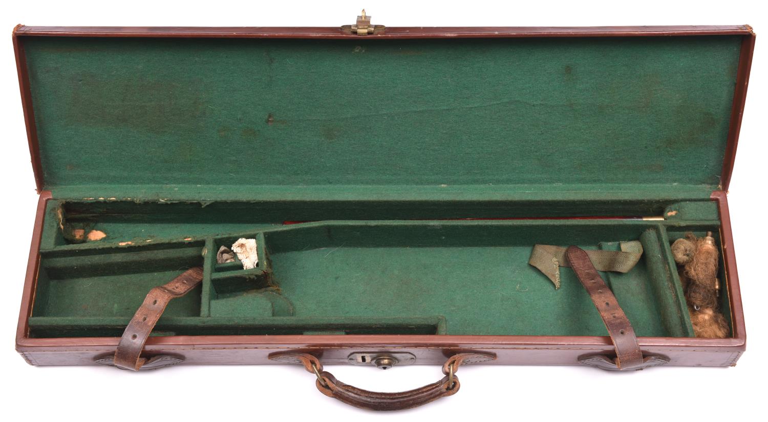 A fitted leather covered case for a DB shotgun with 28" - 30" barrels, with green baize lined