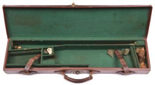 A fitted leather covered case for a DB shotgun with 28" - 30" barrels, with green baize lined