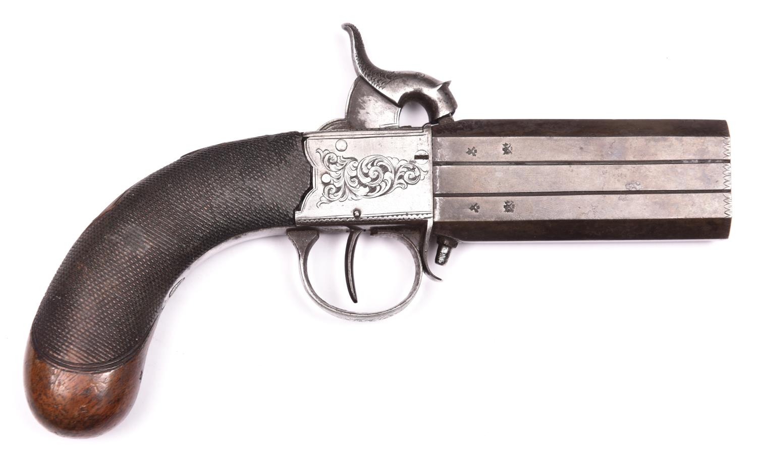 A 40 bore double barrelled over and under turnover percussion boxlock pistol c 1840, one piece