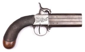 A 40 bore double barrelled over and under turnover percussion boxlock pistol c 1840, one piece