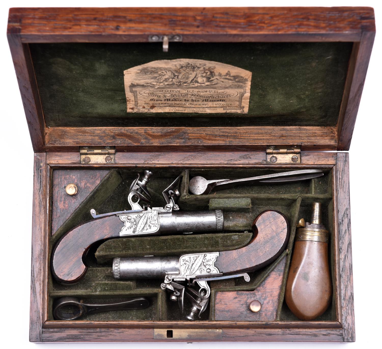 A pair of good quality 60 bore flintlock pocket pistols, by Brummitt, Nottingham, c 1820, 5¼"