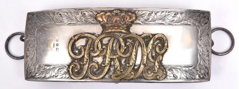 An officers dress pouch of the 7th Dragoon Guards, HM silver flap, "1896" with "P.R.D.G" cypher,
