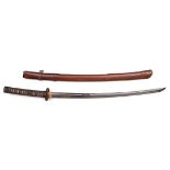 A good Japanese katana with iron fuchi kashira and lacquer saya with leather cover, 68.5cms, the