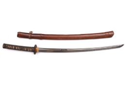 A good Japanese katana with iron fuchi kashira and lacquer saya with leather cover, 68.5cms, the