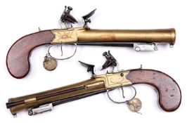 A pair of late 18th century brass barrelled and brass framed flintlock boxlock blunderbuss pistols