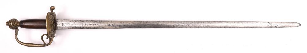 A late 17th century horseman's sword with Shotley Bridge blade, broad blade 31" with short shallow