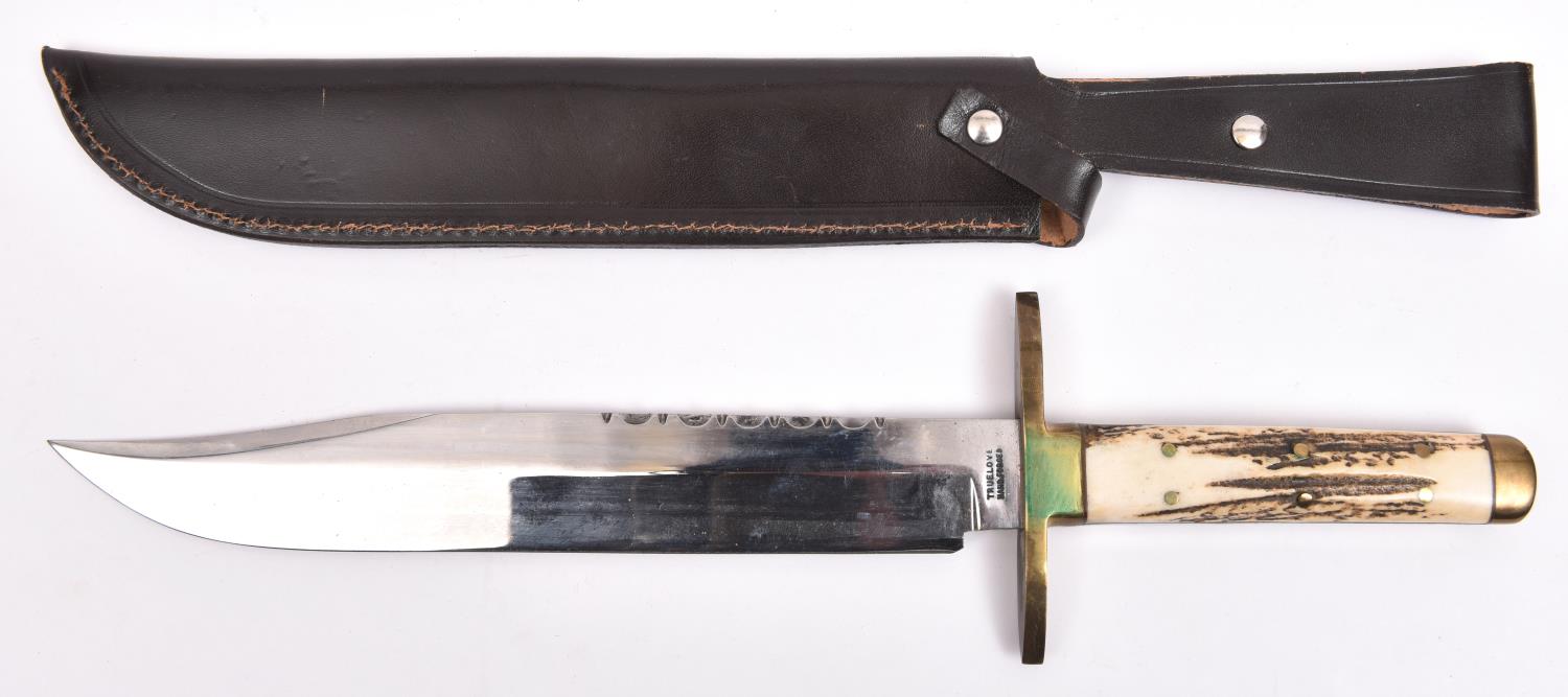 A Bowie knife, clipped back blade 10" with partly scalloped back edge, the ricasso marked " - Image 2 of 2