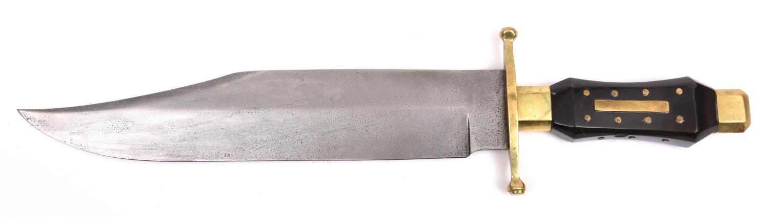 A Bowie knife, broad clipped back blade 10½" stamped "Sheffield Works/ 2/ Philadelphia", the hilt - Image 2 of 2