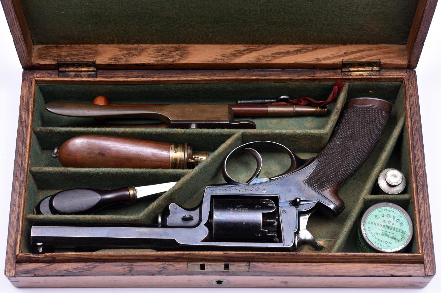 A 5 shot 54 bore Beaumont Adams double action percussion revolver, 11½" overall, barrel 5¾", the top