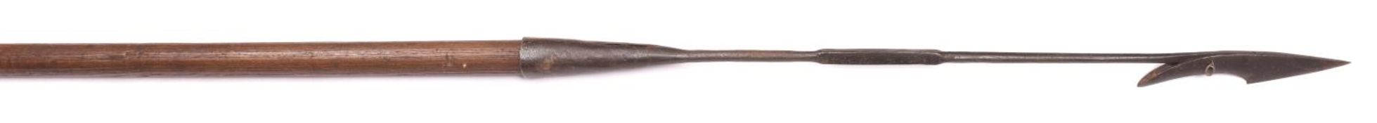A Victorian harpoon with a shaft, hinged point, the metal head 84cm, the wooden shaft 160cm. GC