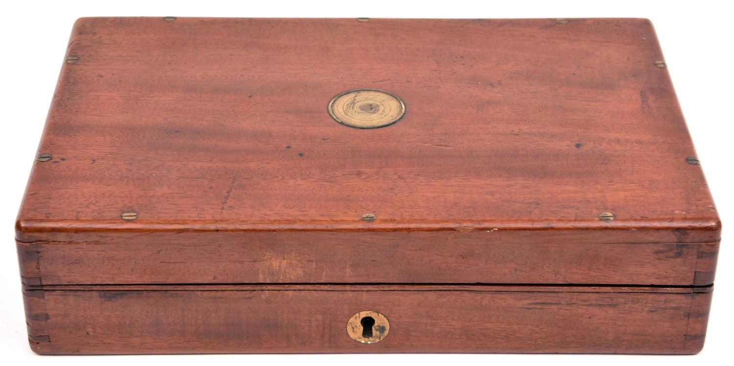 A mahogany case for a percussion revolver, 9¼" x 5¾" x 1¾" internal, with circular brass lid and - Image 2 of 2