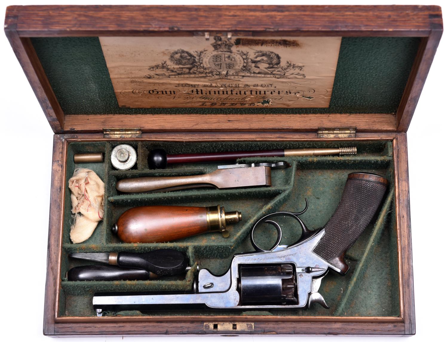 A 5 shot 54 bore Beaumont Adams double action percussion revolver, 11½" overall, barrel 5¾" engraved