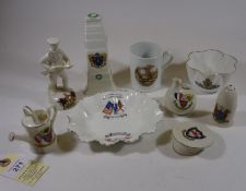9 items of crested china: City of London soldier with rifle, SD cap Wood Bridge; 1918 Allied Victory