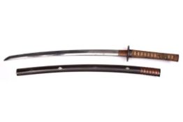 A Chisa shinto katana with unsigned blade and sanbon suji hamon, 59cms. Iron fuchi kashira and