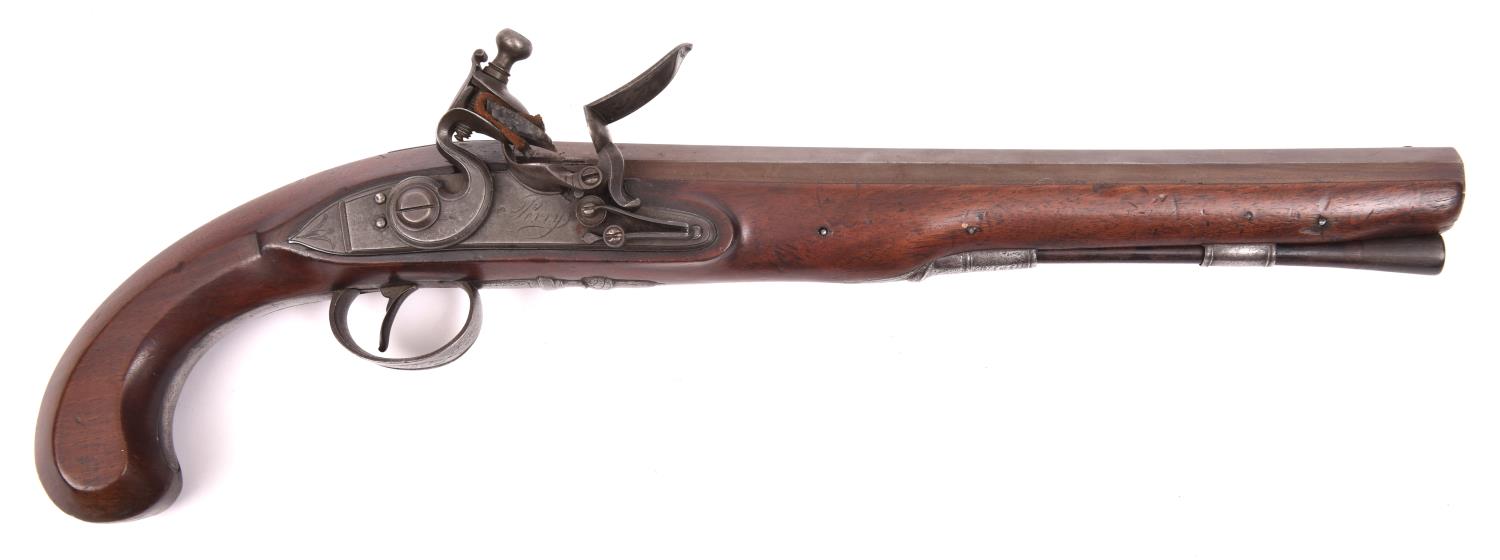 A 20 bore flintlock duelling pistol by Perry, c 1780, 15" overall, sighted octagonal barrel 10" with