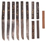 Japanese sword fittings: 11 kodsuka, Shiromono, double sided, mainly all very worn. £200-250