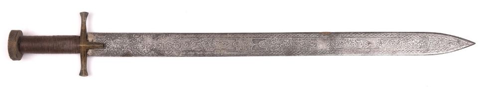 A Dervish kaskara, blade 24½" etched with Arabic characters for whole length, cord bound hilt with