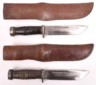 Two American military style hunting knives, blades 6" marked "Cattaraugus 225Q" with leather