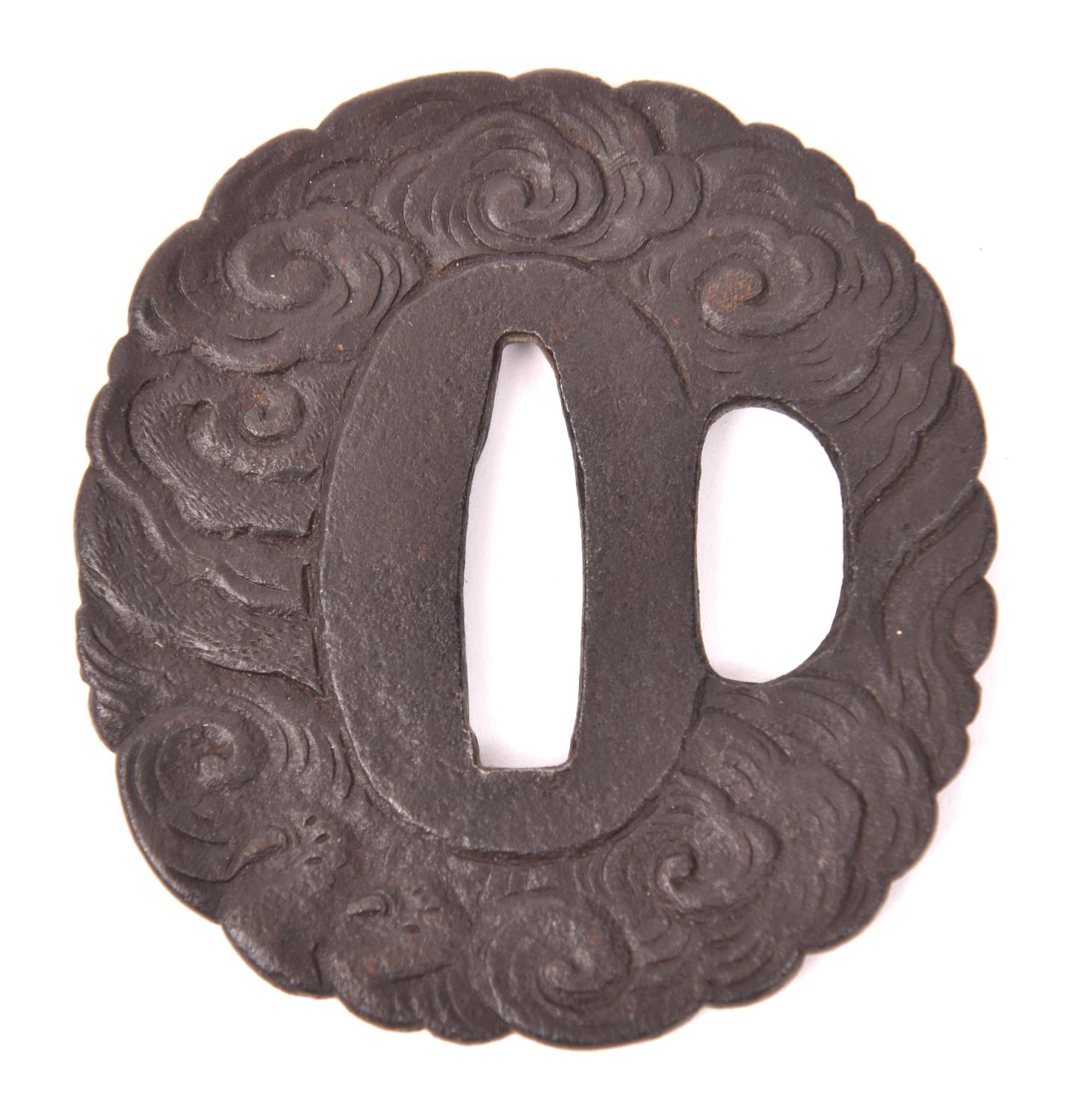 An iron tsuba depicting a dragon in clouds, gold detail, GC £100-150 - Image 2 of 2