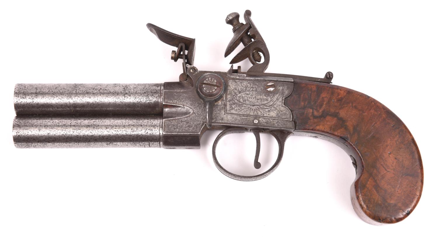 A 50 bore double barrelled over and under tap action flintlock boxlock pistol, by Nicholson, London, - Image 2 of 2