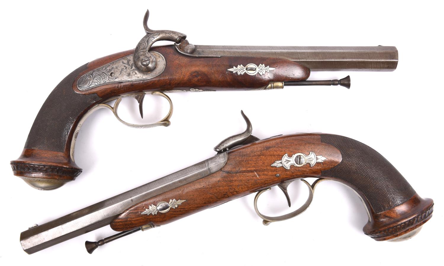 A pair of Belgian officer's 18 bore percussion holster pistols, c 1840, sighted octagonal twist