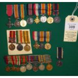 Miniature medal groups: Three: MBE 2nd type civil, BWM, Victory; Five: MM Geo V, 1914-15 star,