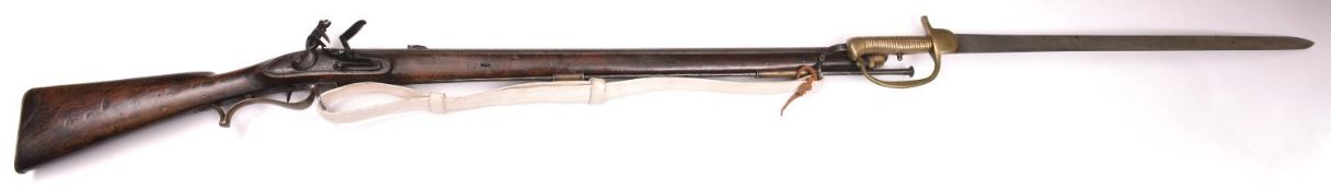 A .62" Volunteer Baker flintlock rifle, 45½" overall, barrel 30", with two folding leaf rearsights