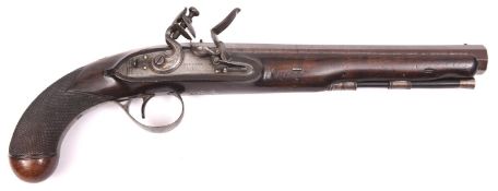 A 16 bore flintlock duelling pistol by Bennett & Lacy, c 1800, 16" overall, sighted octagonal barrel