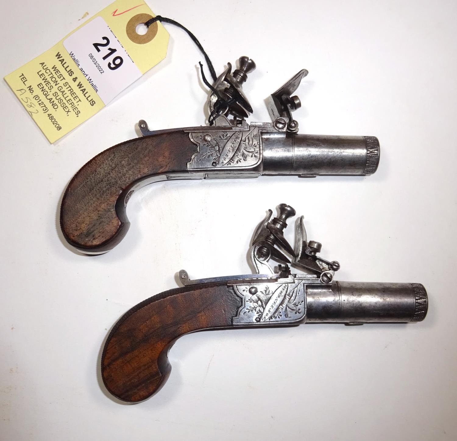 A pair of good quality 60 bore flintlock pocket pistols, by Brummitt, Nottingham, c 1820, 5¼" - Image 2 of 7