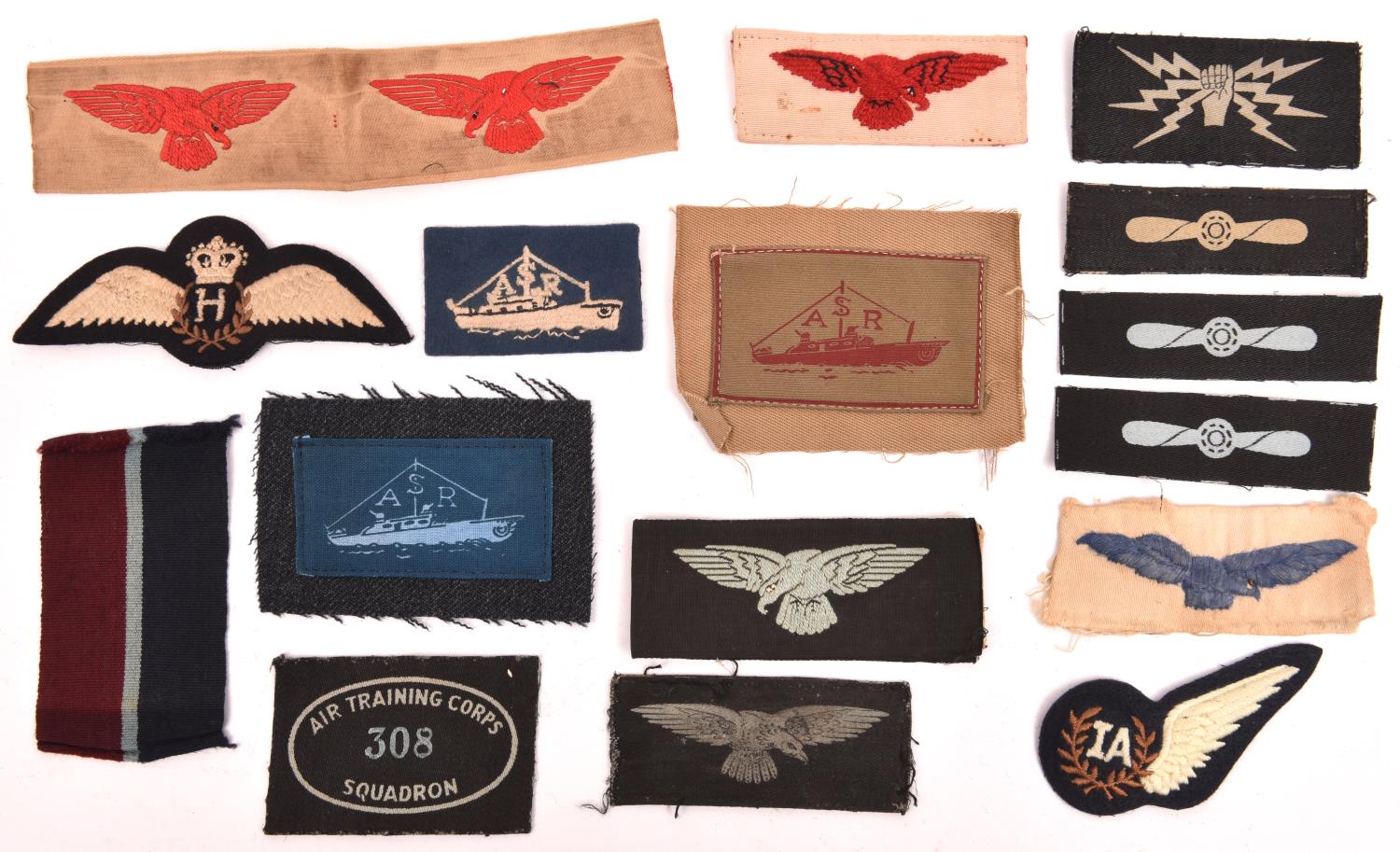 WWII RAF cloth badges: 4 Air Sea Rescue patches: embroidered on blue; printed on blue and 2