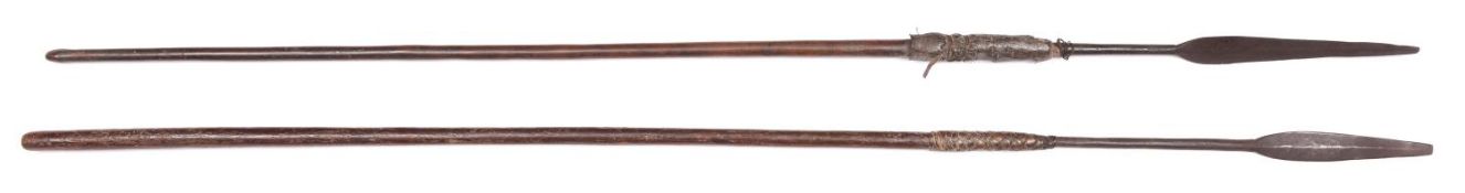 A 19th Century Zulu throwing spear Assegai, 50", wood haft. GC (blade tip ground off); another