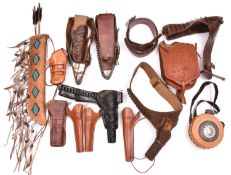 Modern western style leather holsters, belts, etc, comprising: a finely tooled black leather open