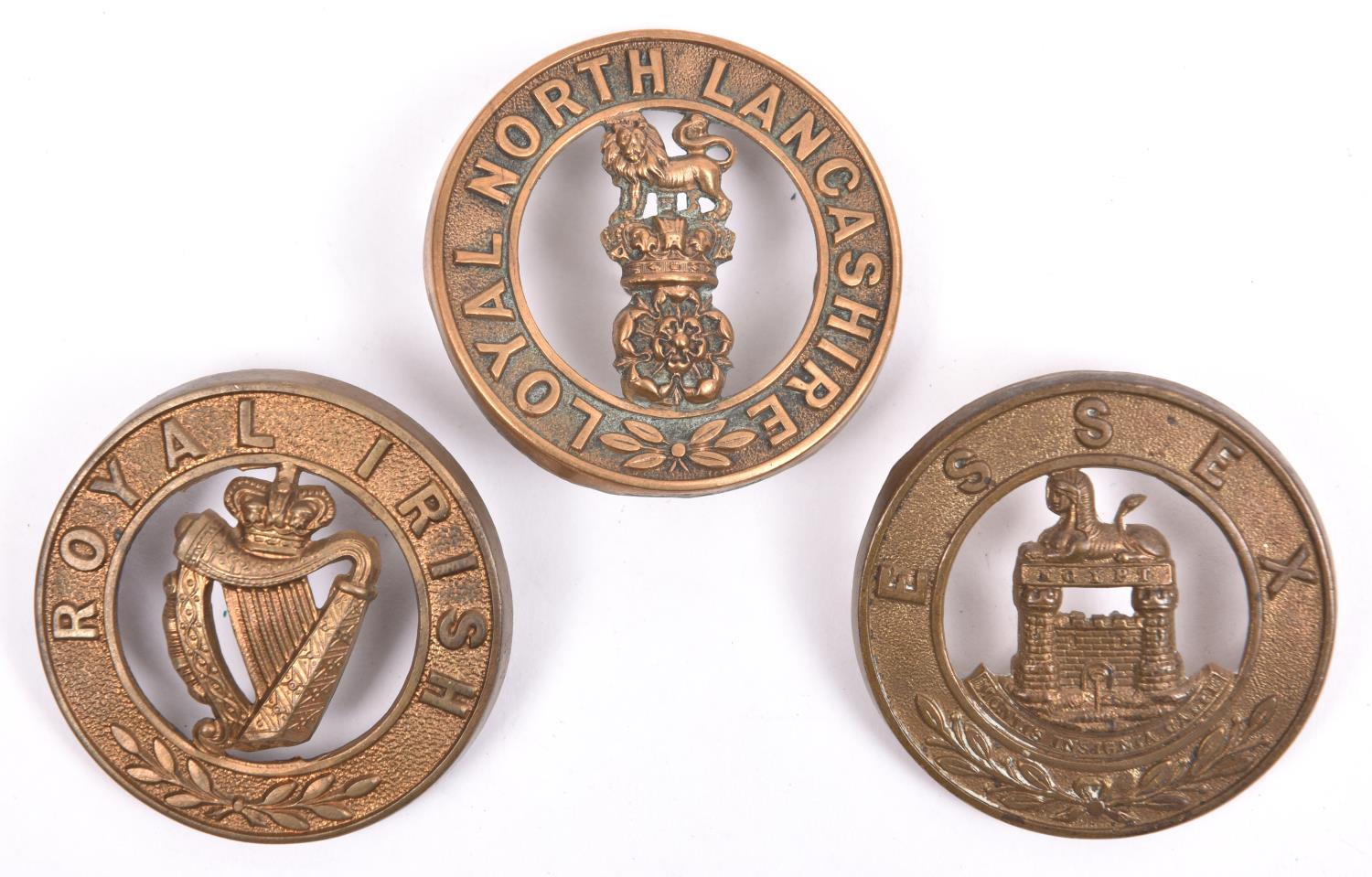 Three OR's helmet plate centres: Vic Royal Irish (loops removed and 2 soldered tabs), pre 1900 Essex