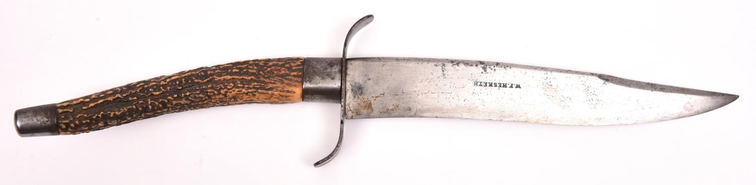 A large old Bowie knife, broad clipped back blade 12" deeply stamped on each side "W.F. HESKETH",