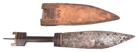 An African dagger, broad DE blade 9", brass mounted horn hilt, in its leather scabbard. GC (scabbard