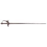 A mid 17th century rapier, blade 34" with deep fullers retaining traces of inscription, the hilt