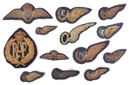 RAF bullion wings of WWII and earlier: officers chest wings and small version; Brevets with "E", "