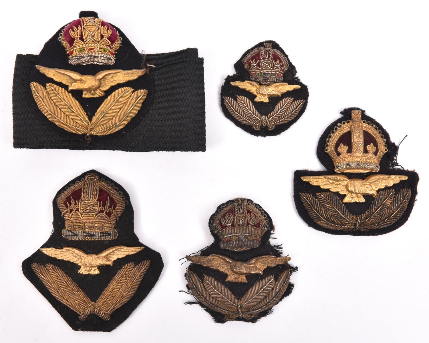 A scarce RAF 1918 pattern Officers bullion cap badge; a mohair cap band with officers cap badge (