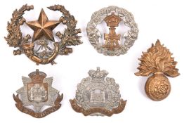 Five Vic or early Infantry cap badges: Royal Fusiliers, Suffolk, pre 1908 Yorkshire, East Surrey,