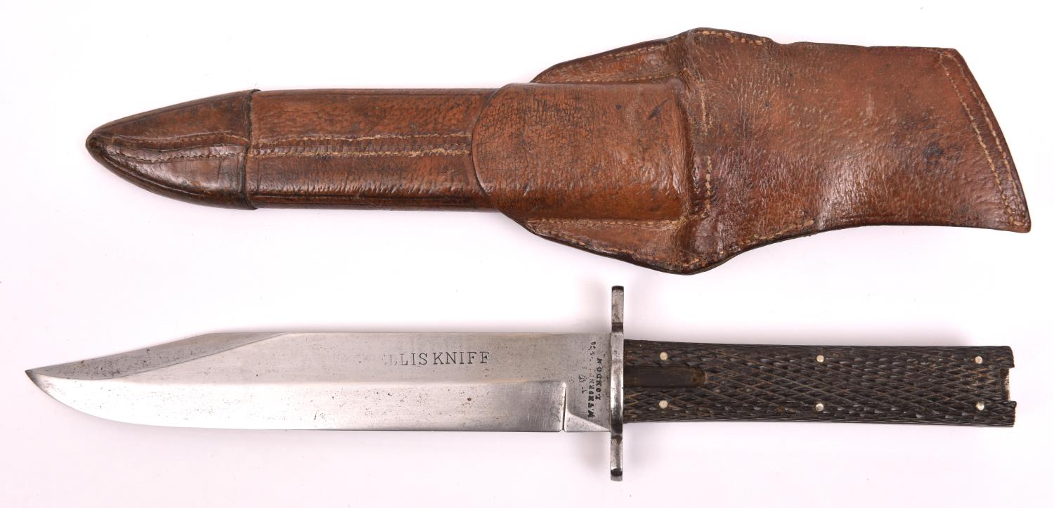 A good Victorian Bowie knife, clipped back blade 7½" marked "Ellis Knife", the ricasso marked with - Image 2 of 2