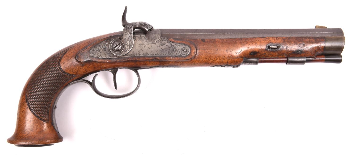 A French percussion holster pistol c 1840, lightly browned octagonal barrel 8", with 8 groove