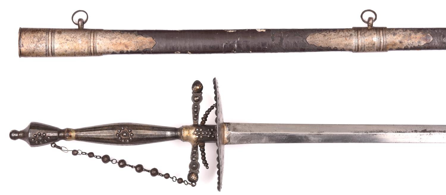 A courtsword, plain diamond section blade 28", all steel hilt with facetted studs and chain guard, - Image 2 of 2