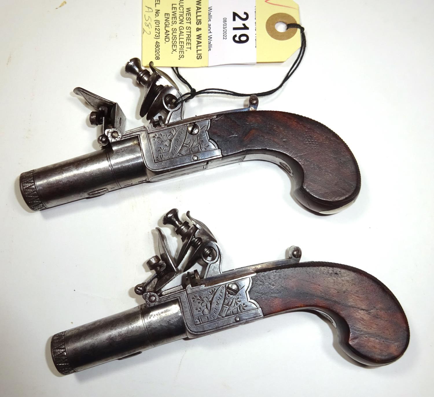 A pair of good quality 60 bore flintlock pocket pistols, by Brummitt, Nottingham, c 1820, 5¼" - Image 3 of 7