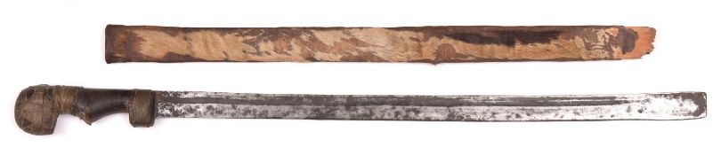 A West African short sword, SE blade 19" brass wire covered wooden hilt, in its skin covered